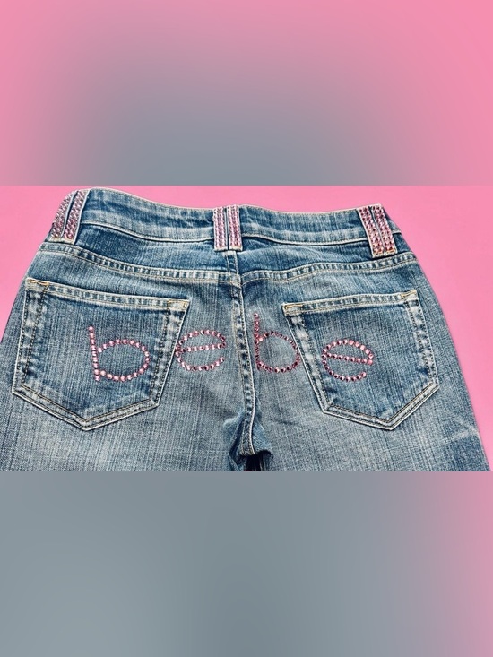 bebe Denim - bebe Blue Denim Bootcut Jeans with Pink Rhinestone Logo